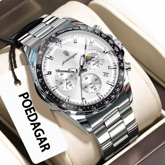 POEDAGAR Herren Uhr – Edelstahl-Quarzuhr mit Chronograph – Ansicht 1